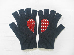 fingerless black gloves, gloves with red heart