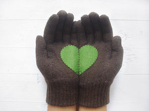 Brown Gloves with Green Heart