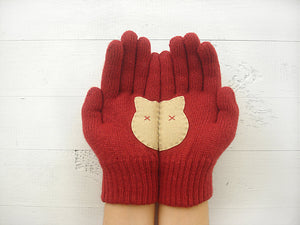 Cat Gloves / Deep Red & Beige
