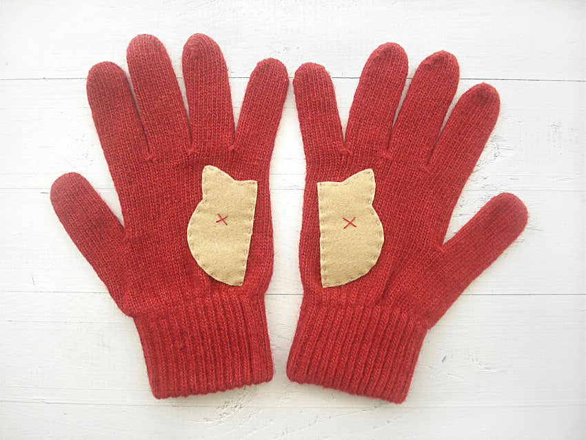 Cat Gloves / Deep Red & Beige