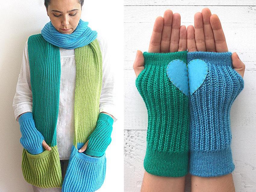 Scarf & Heart Hand Warmers / Blue, Green